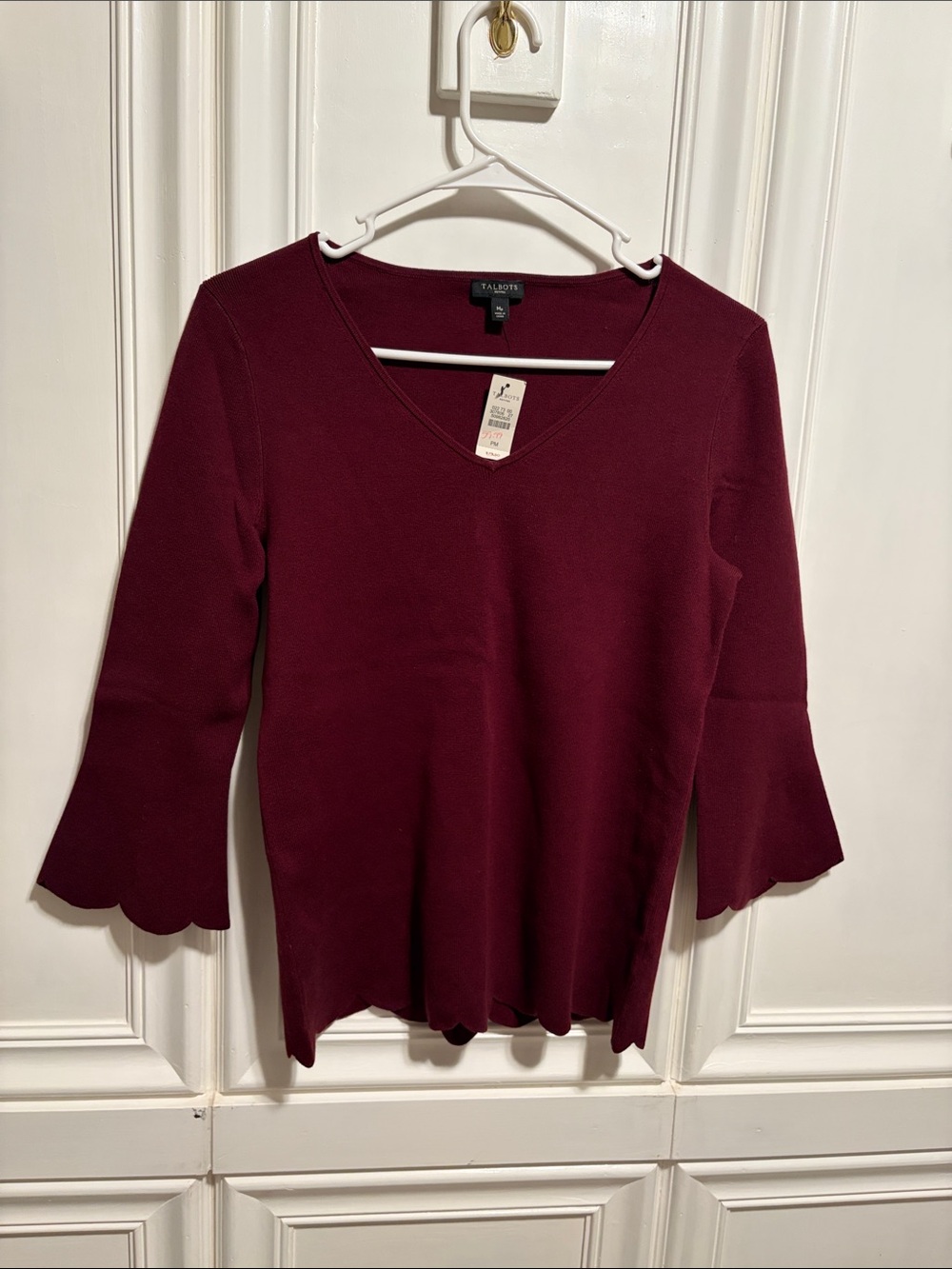 Talbots Women's V-Neck Scalloped Edge Sweater in Wine